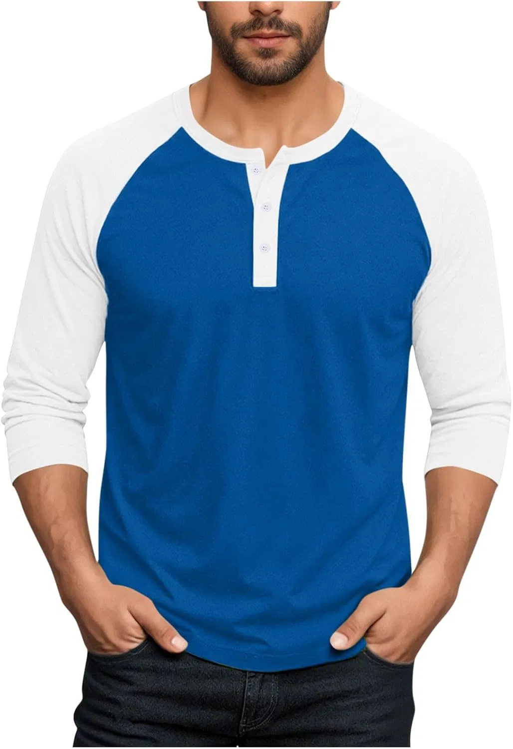 Мужская хенли футболка с реглан рукавом Long Sleeve Shirts for Men, 2-blue