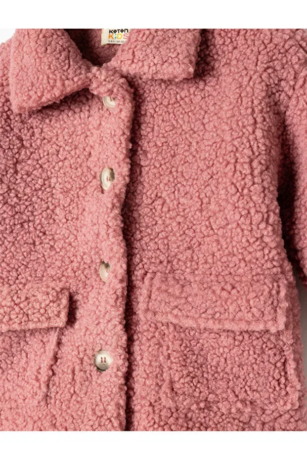 Детское пальто для девочек с длинным рукавом Plush jacket with shirt collar and pocket detail, buttoned Koton, Rose — фото 3