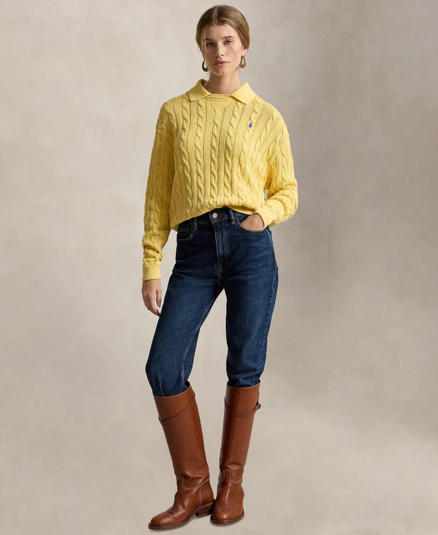Свитер женский с кабельным узором из хлопка, модель Cable-Knit Cotton Polo Sweater Polo Ralph Lauren, Fall Yellow — фото 2