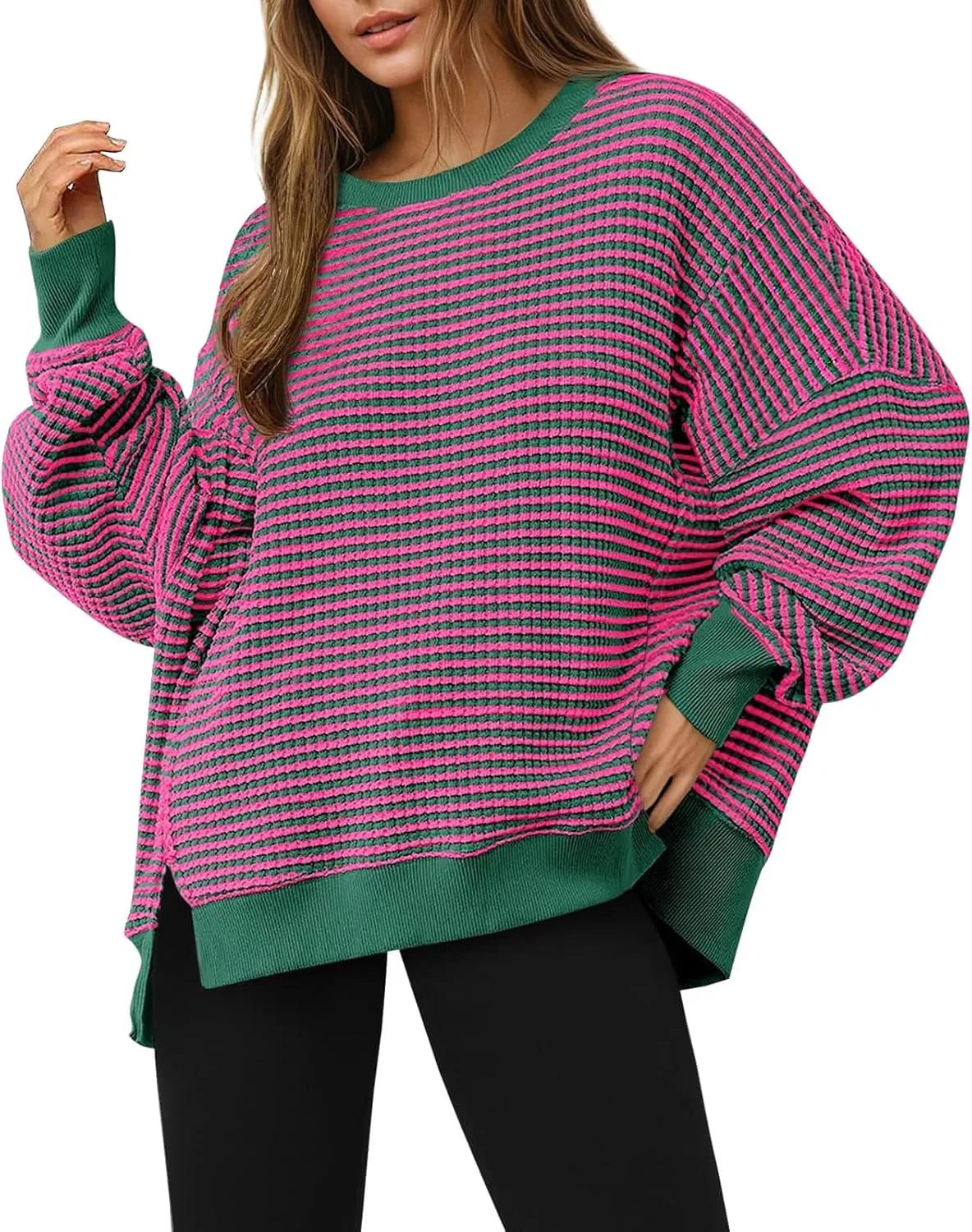Женский свободный свитшот с принтом Waffle Knit Long Sleeve Crewneck Loose Split Lightweight Fall Pullover Sweater, ярко-розовый