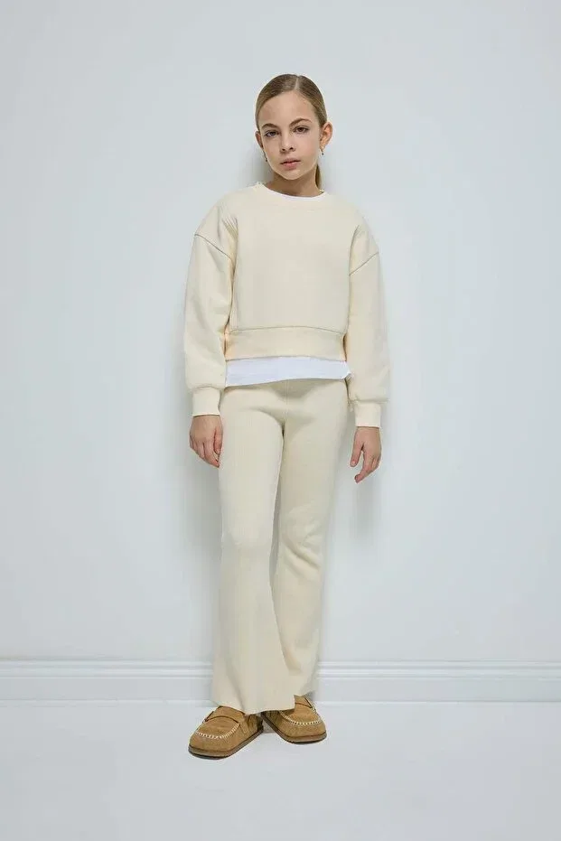 Детские свитшот для девочек хлопковый Relax fit crew neck basic plain soft fleece Defacto, Beige Bg390 — фото 2
