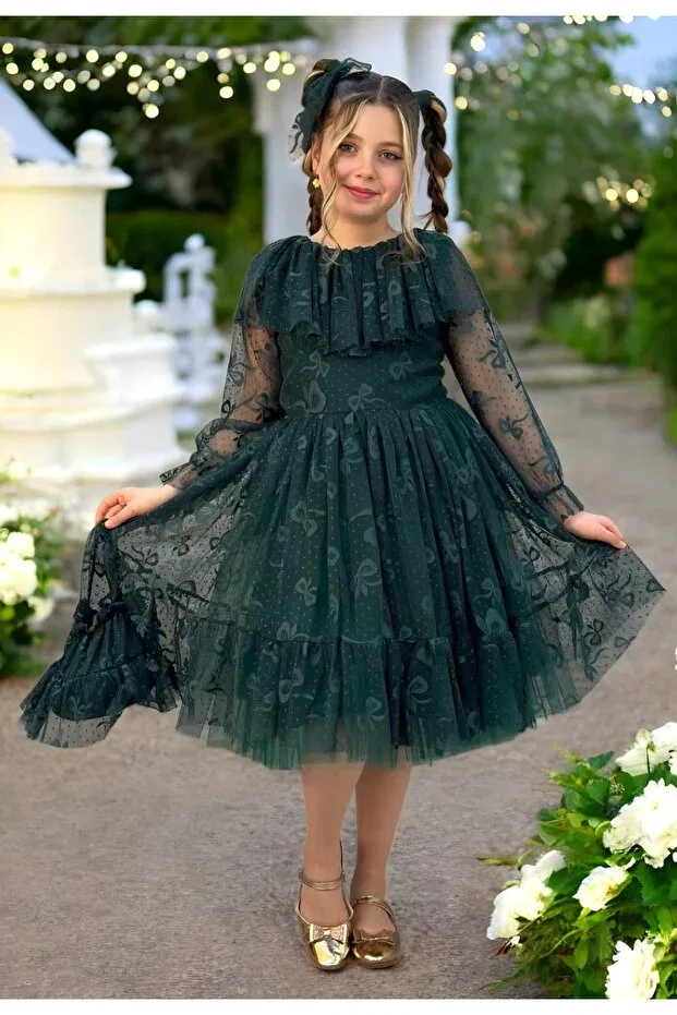 Детское платье для девочек кружевное с принтом Princess lace girls' buckled festive layered party dress with bag birthday Dolce Kids, Green