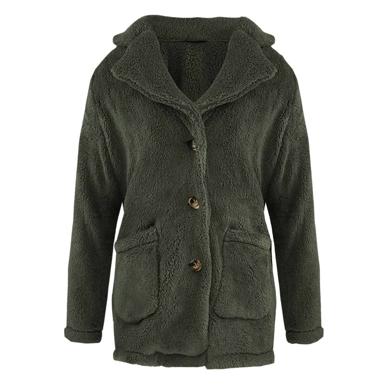 Женское пальто с воротником-шалью и меховой подкладкой, модель Sherpa Fleece Lined Lapel Collar Faux Fur Winter Warm Long Sleeve Fluffy Teddy Coat Cardigan Overcoat Top with Pockets, Verde — фото 3
