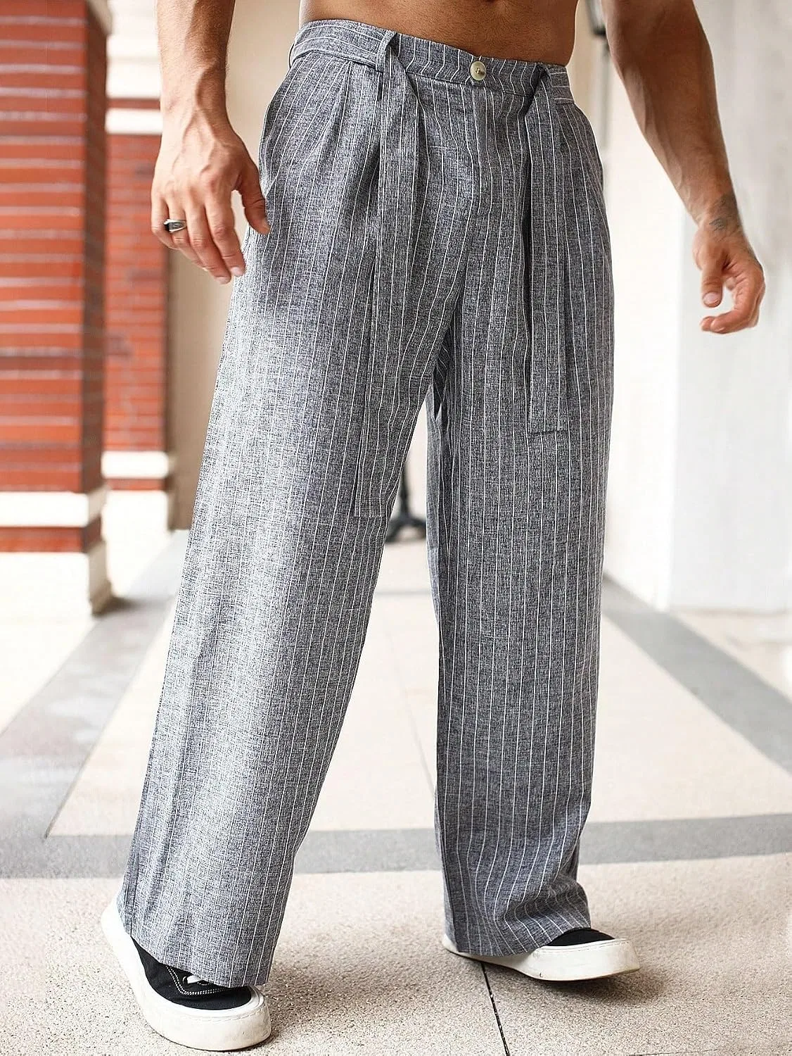 Мужские свободные штаны с принтом, Long Drawstring Straight Leg, серый — фото 3
