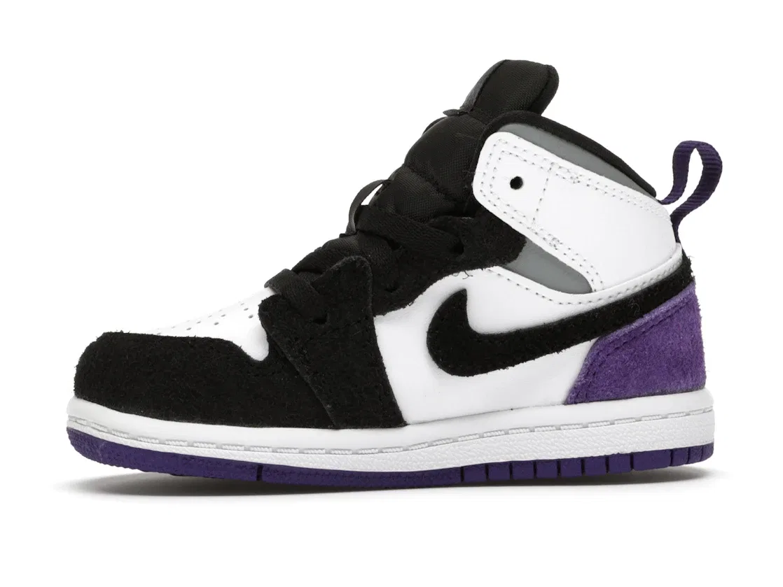 Детские кроссовки для мальчиков с высоким берцем Jordan 1 Mid Jordan, White/Black-Light Solar Flare Heather-Varsity Purple — фото 3