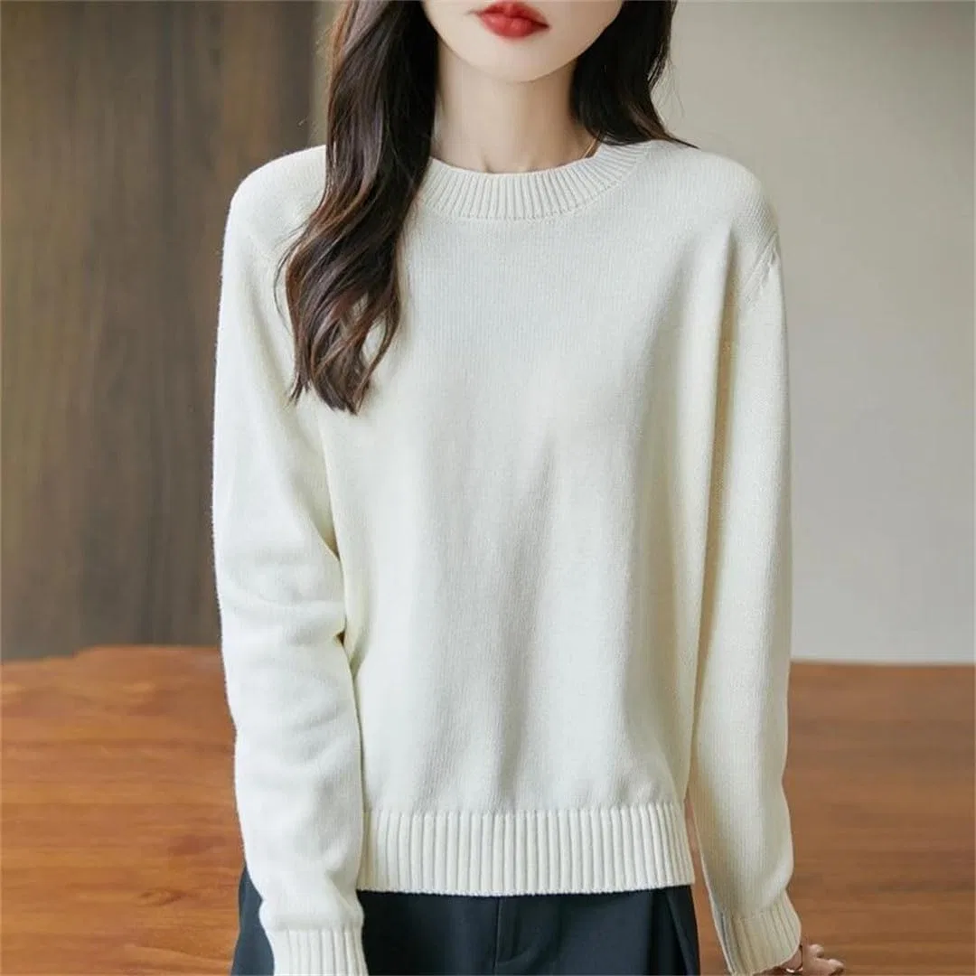 Женский свитер с круглым вырезом, хлопковый, Pullover, белый — фото 4
