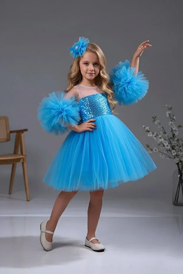 Детское платье для девочек с длинным рукавом Sleeve detailed pompom blue buckle powder color children's evening dress aby458 Abiyekids, Blue
