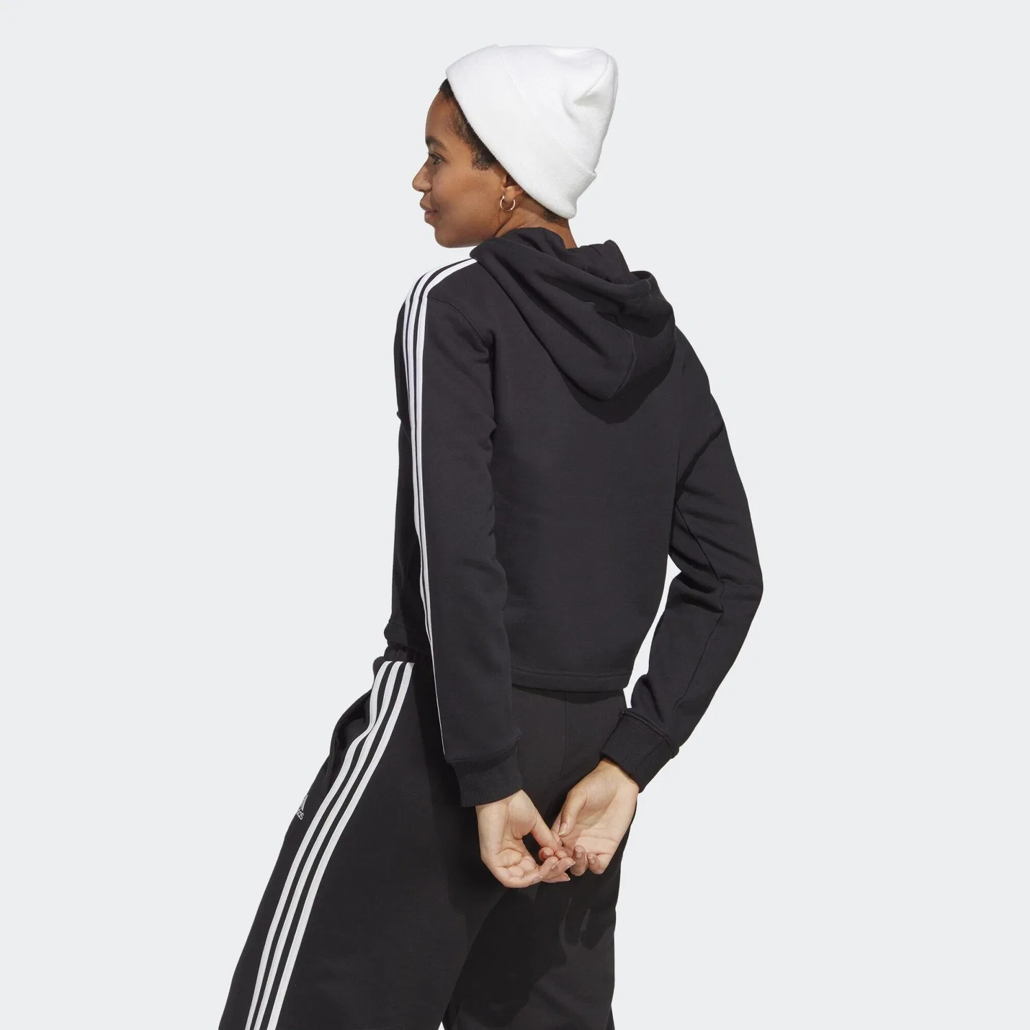 Женское укороченное худи с капюшоном Essentials 3-Streifen French Terry Crop Hoodie Adidas, Schwarz Weiss — фото 3