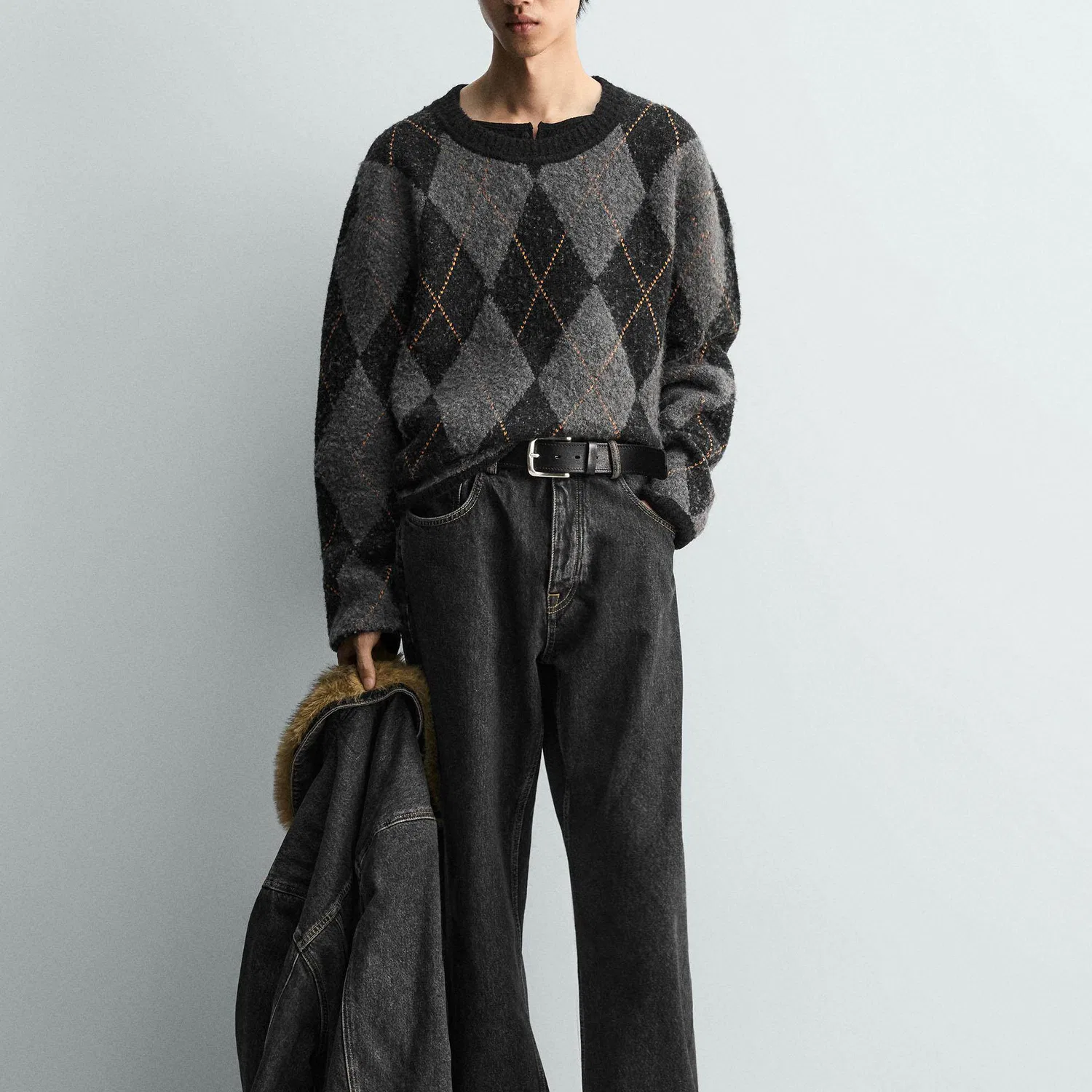Мужской свитер с круглым вырезом Black ZARA — фото 4