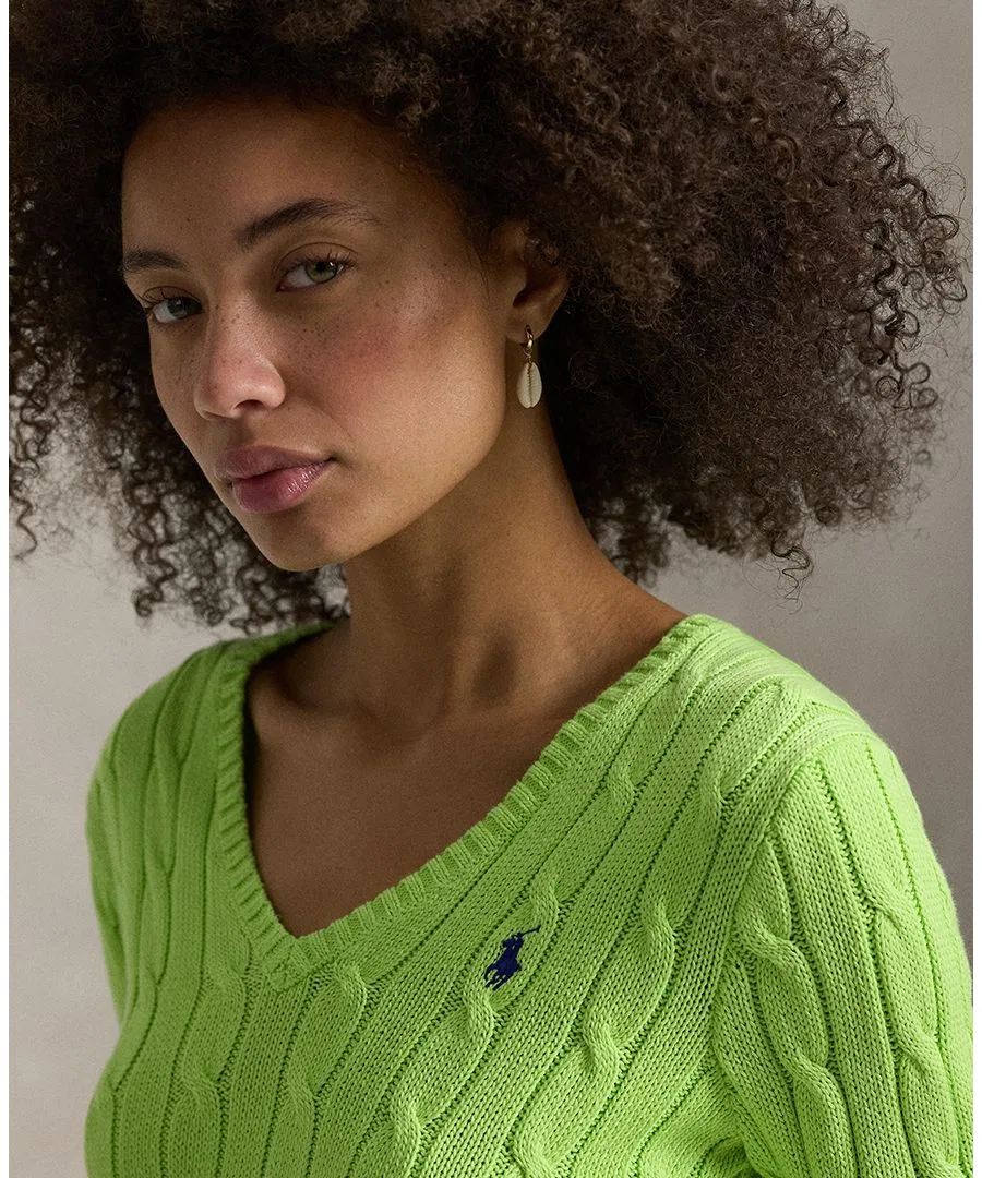 Свитер с V-образным вырезом из хлопка с косами Polo Ralph Lauren, Bright Leaf — фото 4