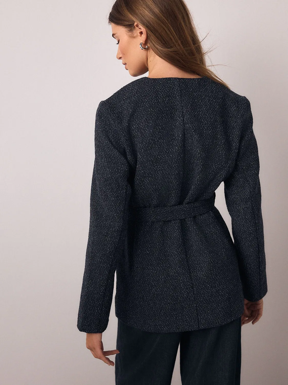 Жакет с поясом из букле с вкраплениями, Navy Fleck Boucle Belted Jacket Next, темно-синий — фото 4