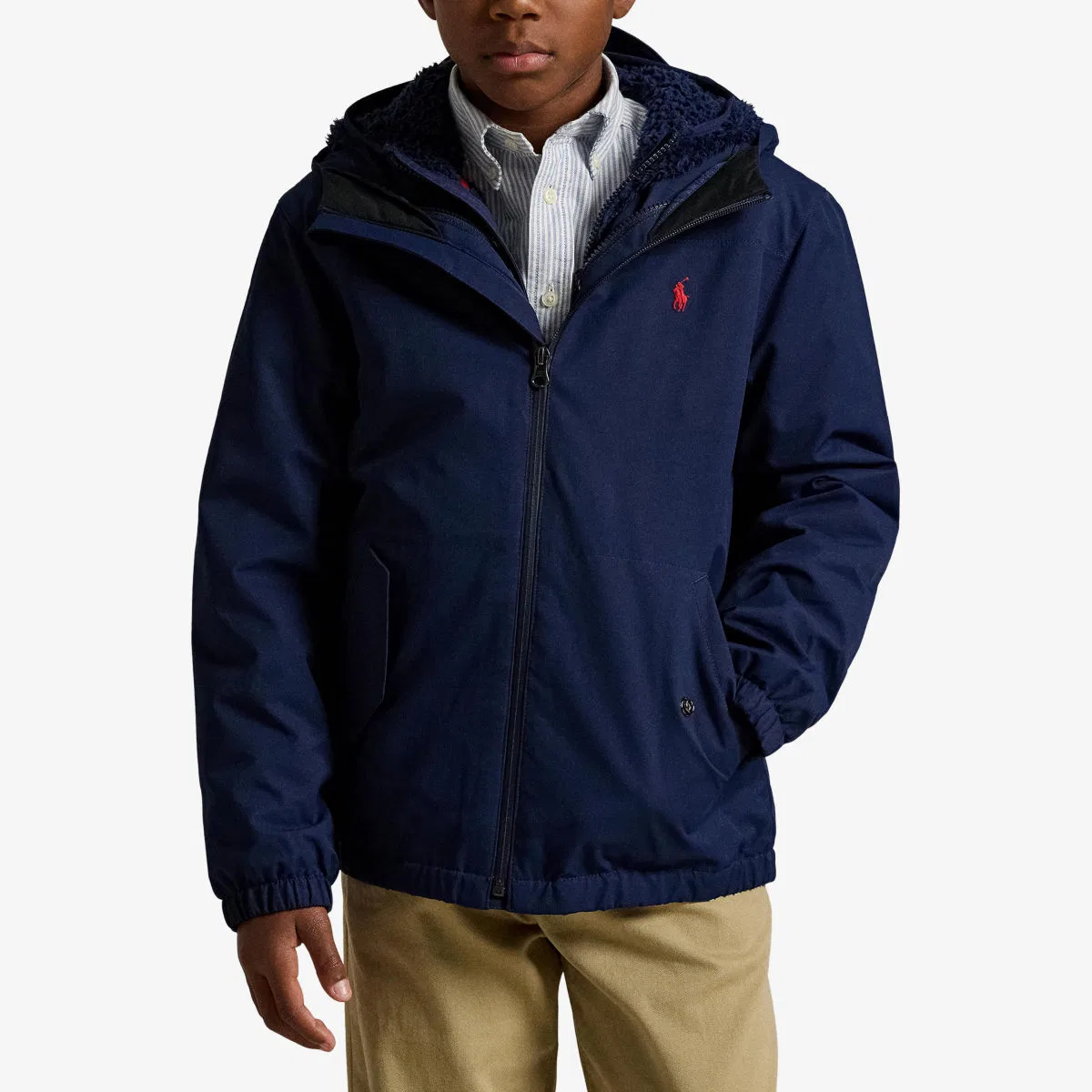 Детская тканая куртка с капюшоном и вышитым логотипом бренда Polo Ralph Lauren, темно-синий — фото 2