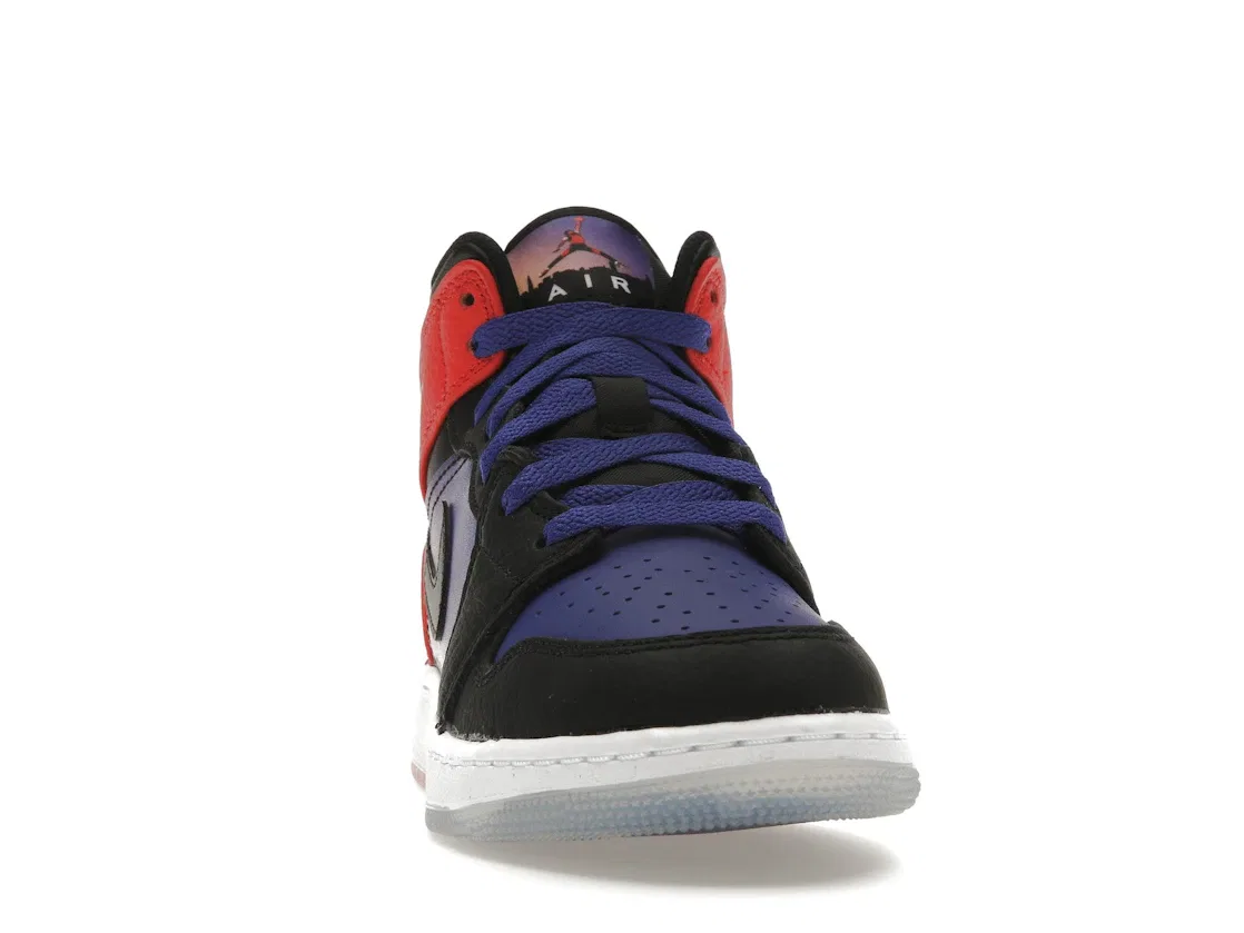Детские кроссовки для мальчиков с градиентом Jordan 1 Mid SS Jordan, Concord/Black/University Red/Psychic Purple/Peach Cream/Total Orange — фото 2