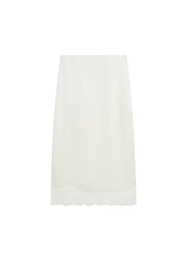 Юбка миди из ацетата Flowing midi skirt with lace detail, Massimo Dutti, white, белый — фото 3