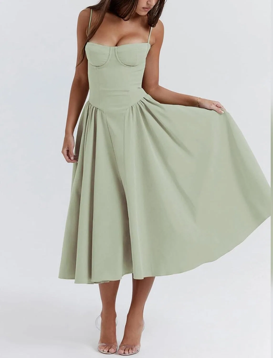 Женское корсетное миди-платье A-силуэта с плиссе, Light Green — фото 4