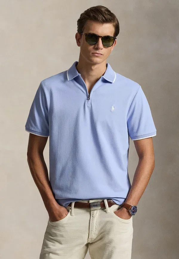 Футболка поло хлопковая Classic fit stretch mesh zip polo shirt Polo Ralph Lauren, Pebble Blue, синий
