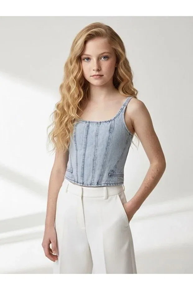 Детское джинсовое боди с тонкими бретелями Zekids, Blue — фото 3