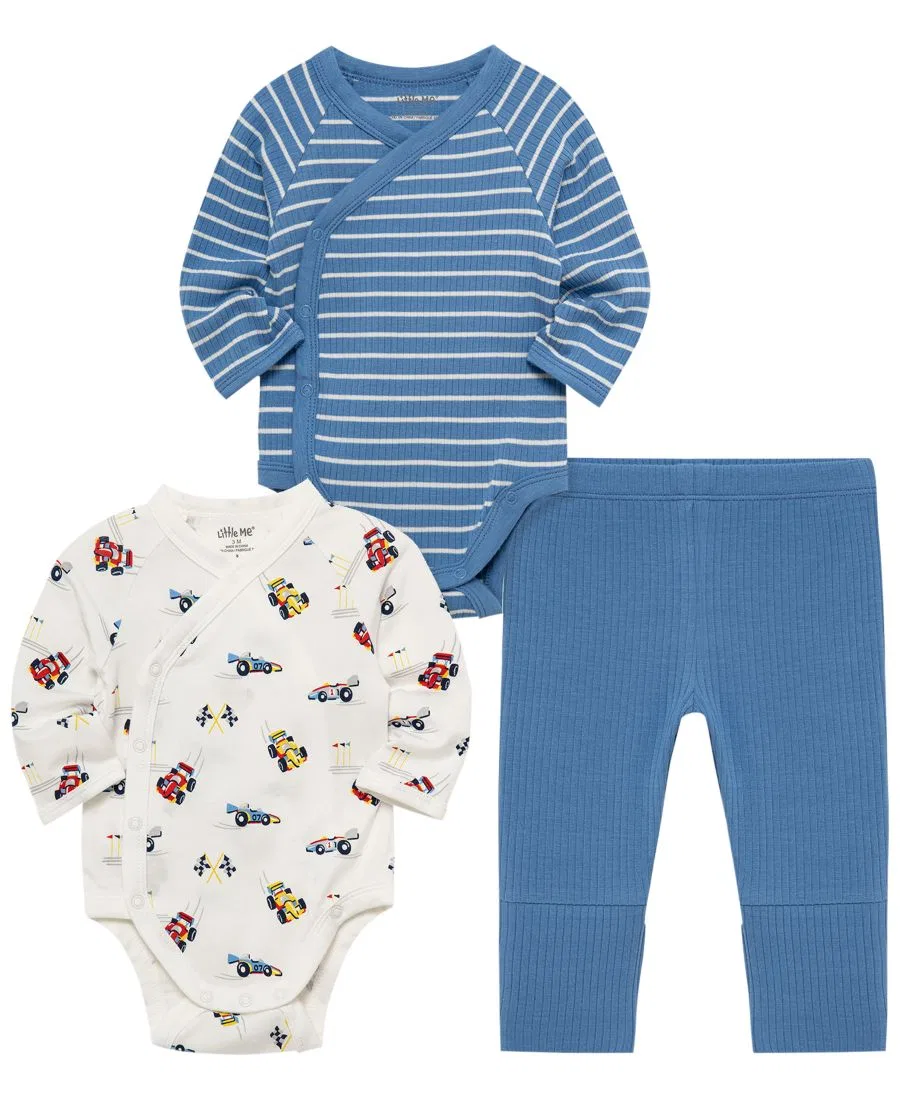 Комплект из 2 боди с длинным рукавом и штанов Grand Prix Cars Little Me, White/Blue — фото 3