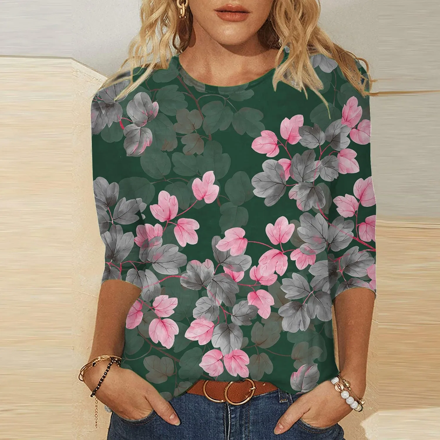 Женская футболка с принтом Plus Size T-Shirts 3/4 Sleeves T-Shirts Summer Round Neck Floral Print Casual Loose Blouses Fashion Thermal Neck, Ag #3 — фото 2