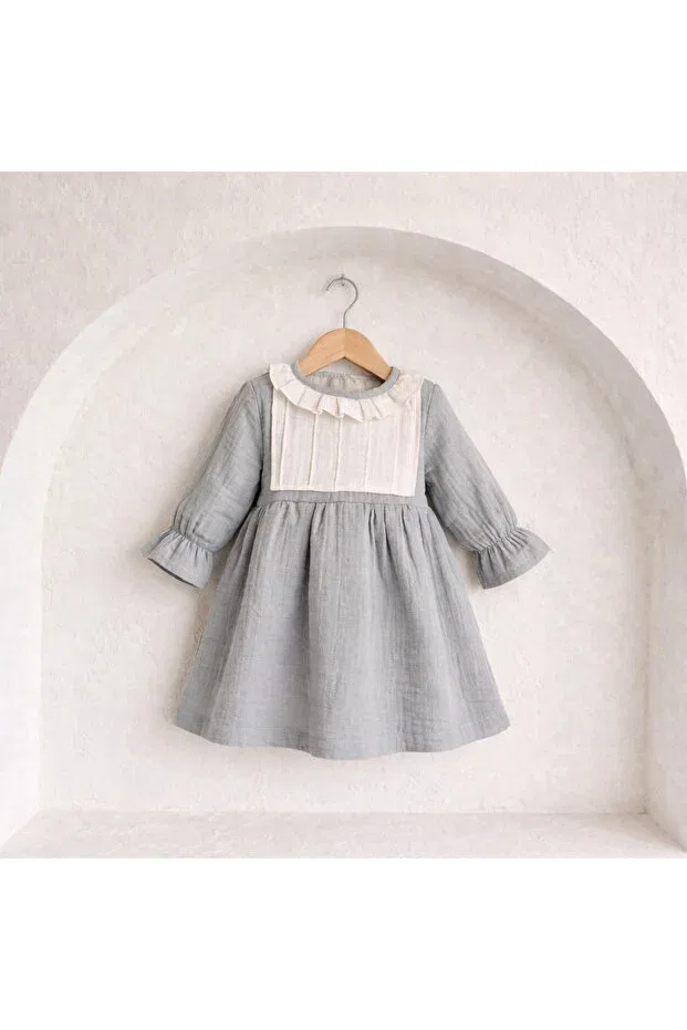 Детское платье для девочек с длинным рукавом Nilüfer muslin dress Happykds123, Gray — фото 2