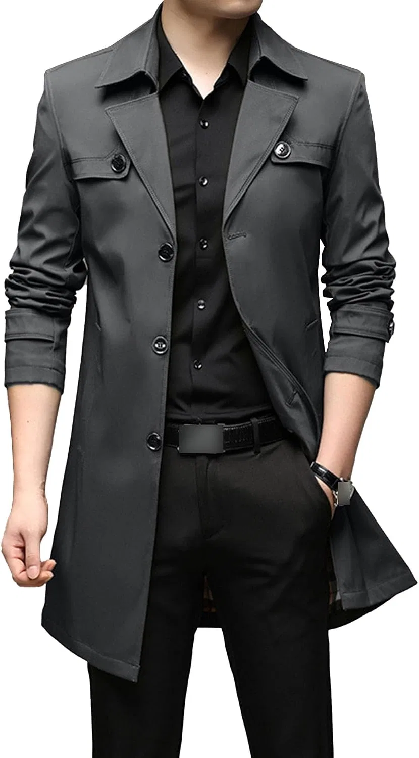 Мужской полупальто-тренч с однобортной застежкой, slim fit, тёмно-серый