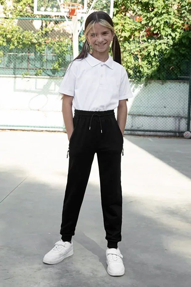 Детские спортивные штаны для мальчиков с карманом Dark Navy Blue Zipper Pocket Girls' School Sweatpants 19197 Cansın Mini, Black
