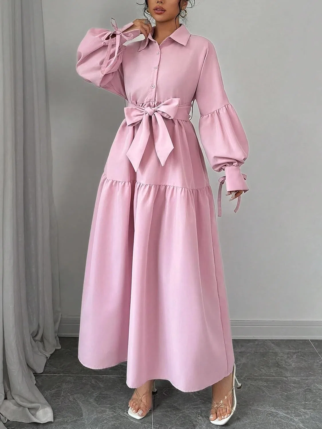 Женское элегантное платье-рубашка с поясом Generic, Pink — фото 4