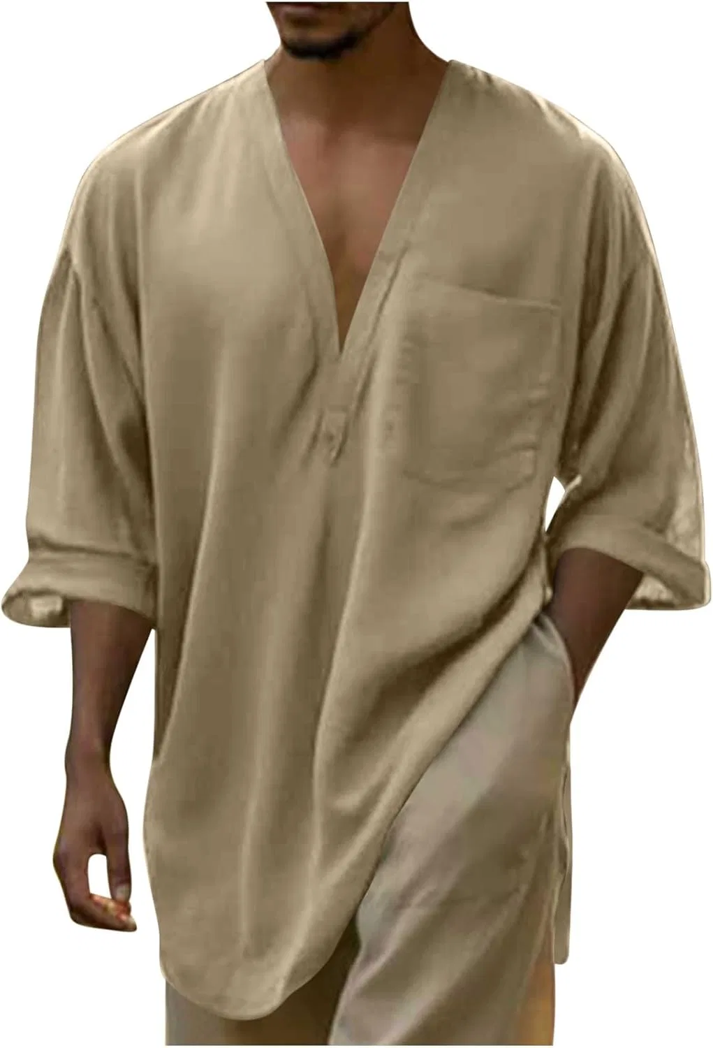 Мужская льняная рубашка с V-образным вырезом Casual, Khaki