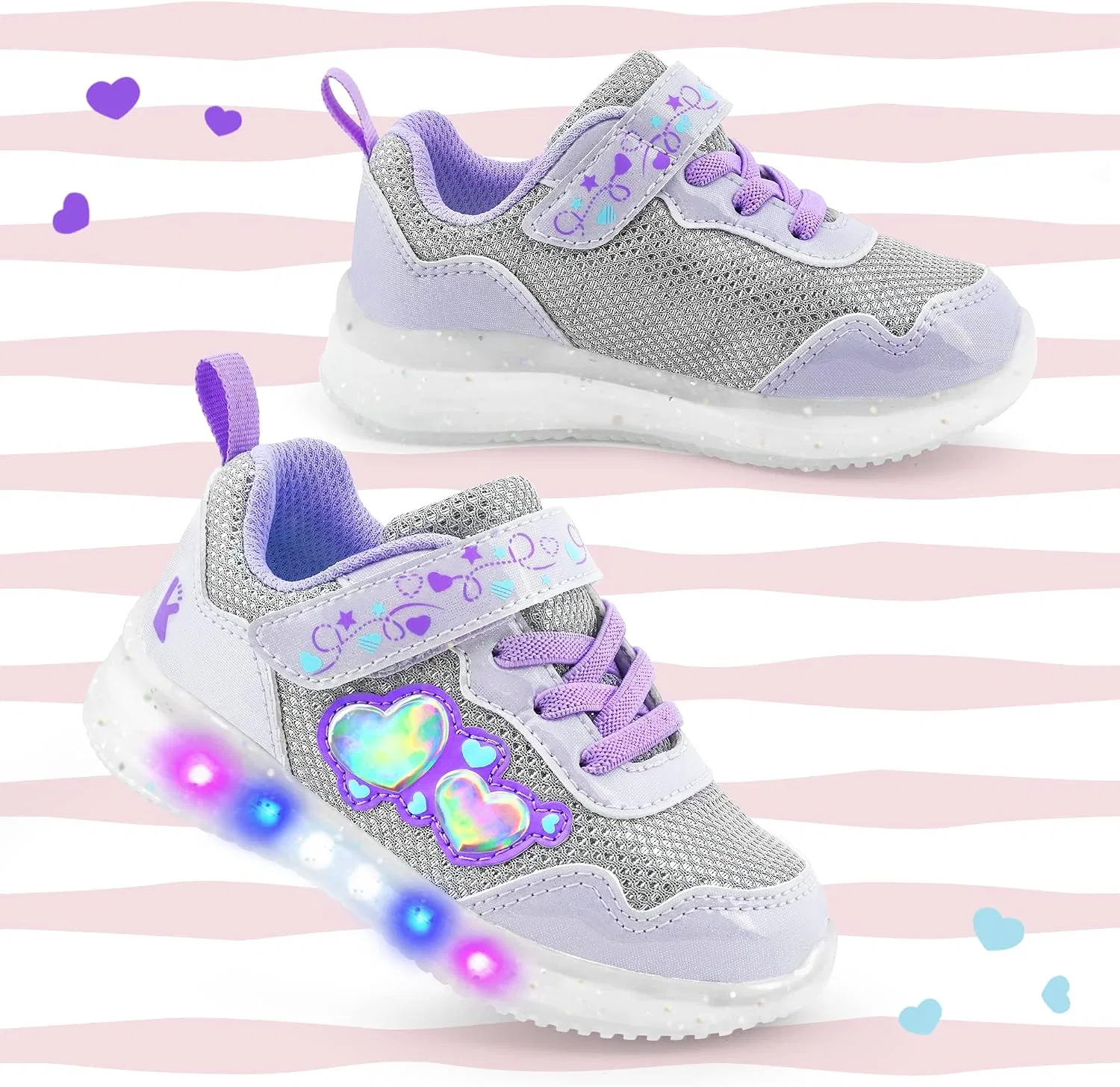 Детские кроссовки для девочек со светящейся подошвой YESKIS, Diva Heart Silver Light Up Shoes — фото 2