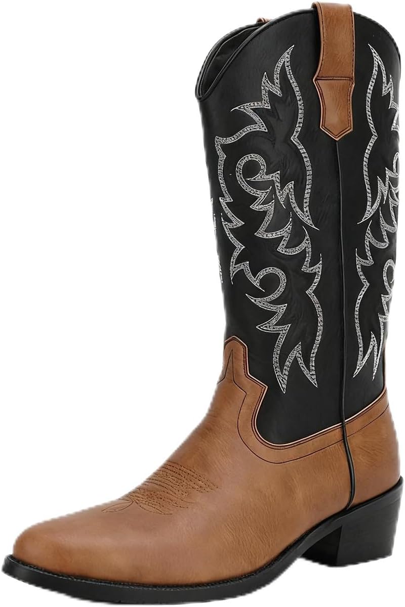 

Мужские кожаные ковбойские сапоги Santimon с вышивкой пламени, классические сапоги средней длины, коричневый