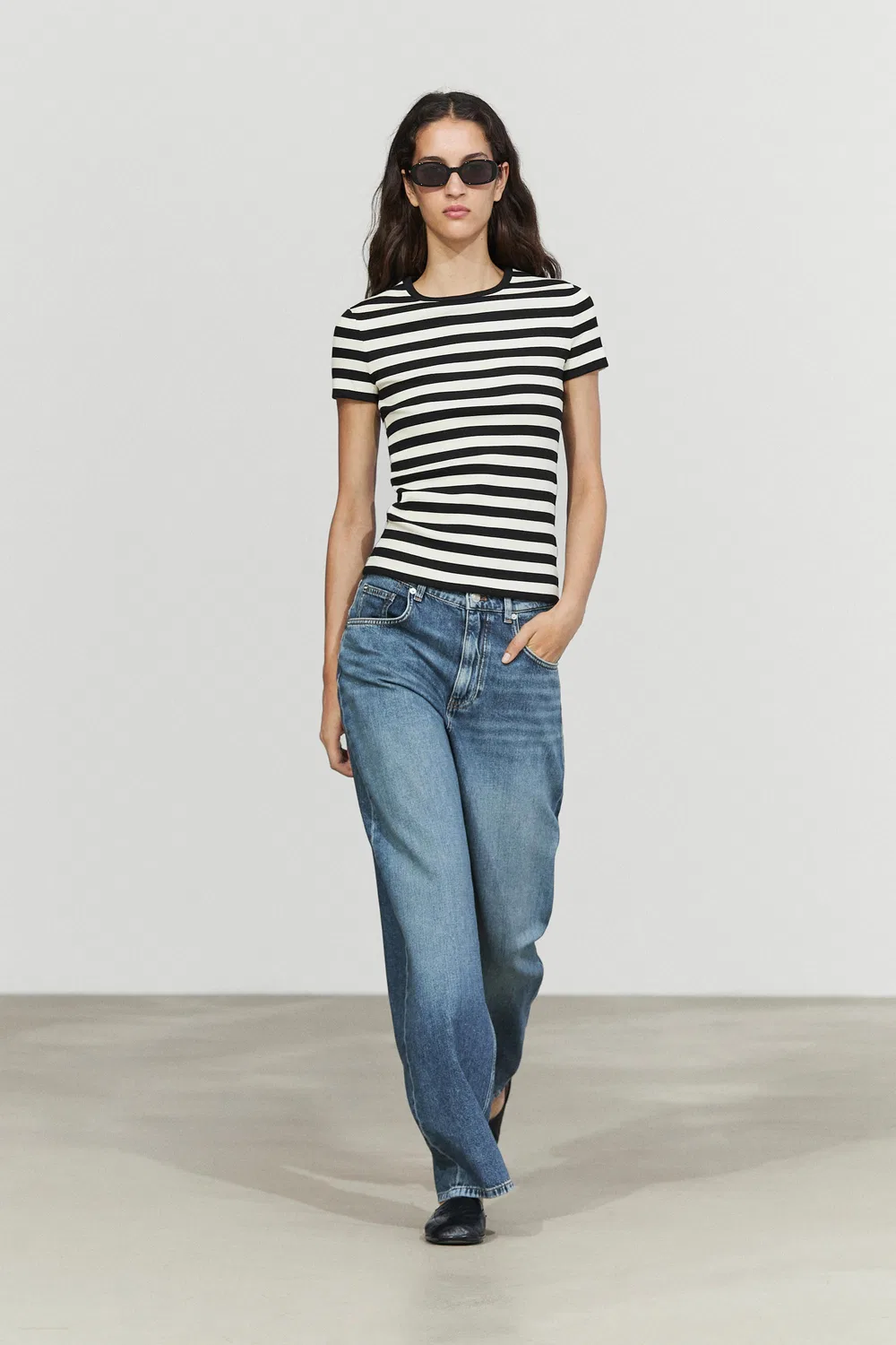 Футболка Massimo Dutti Short Sleeve Striped Cotton Blend, черный/кремовый — фото 3