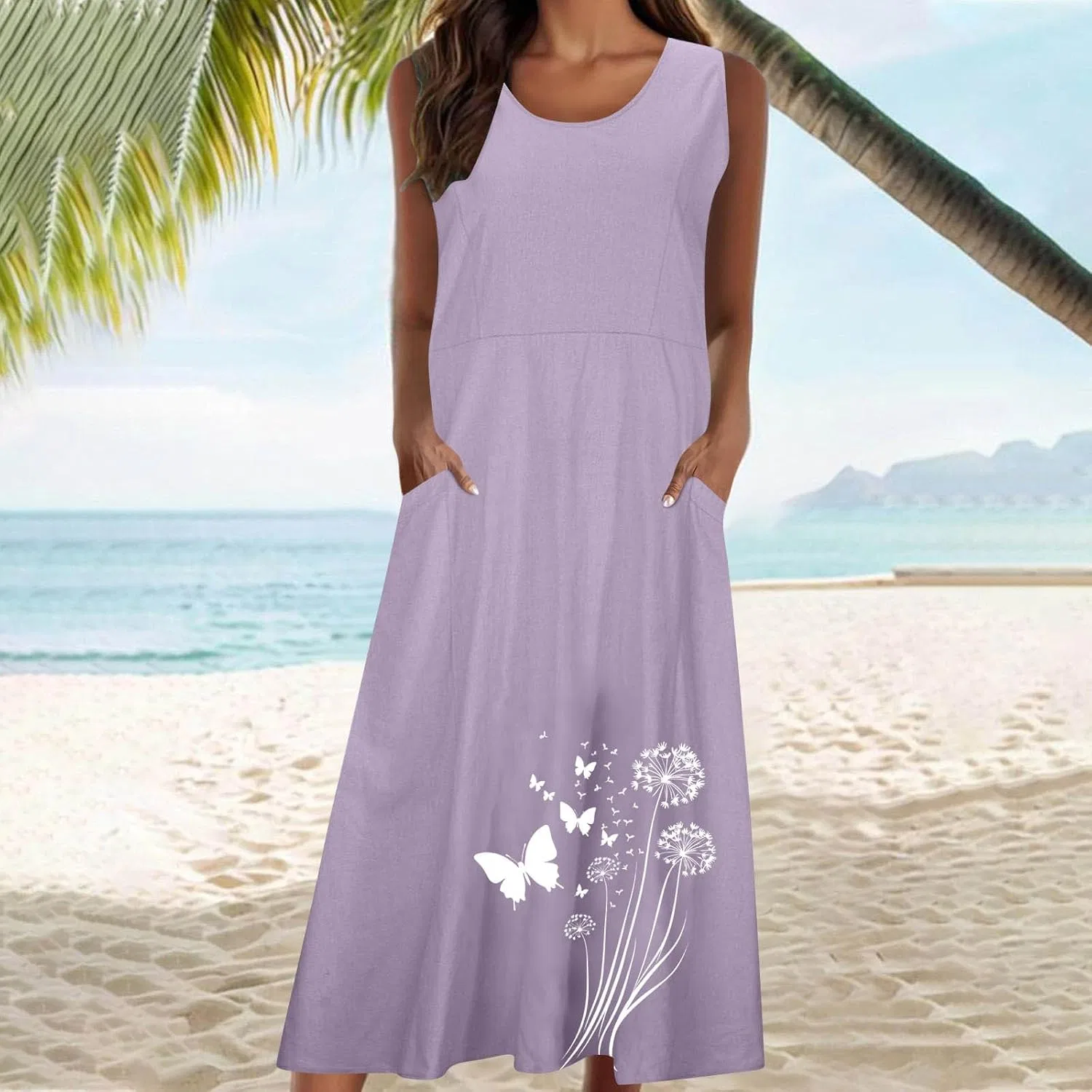 Женское пляжное платье-макси с принтом, без рукавов, с карманами, Plus Size, Purple — фото 3