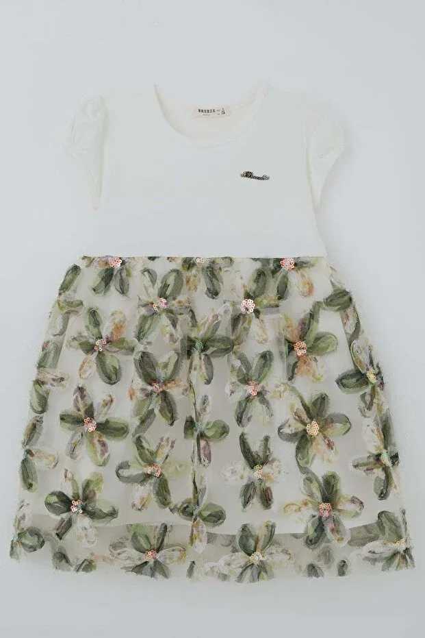 Детское платье для девочек с принтом 3D Daisy Flower Applique and Sequin Detail Breeze, Ecru — фото 2