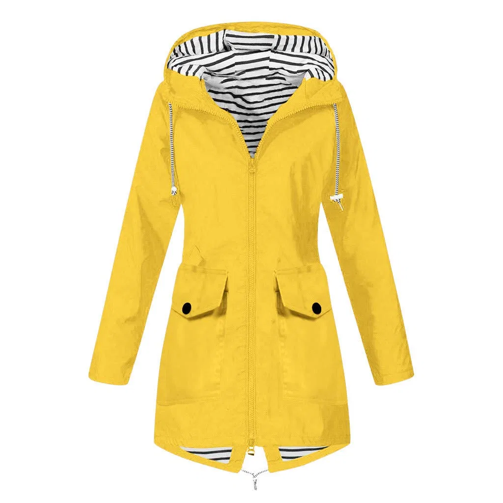 Женская непромокаемая куртка с капюшоном, длинная, однотонная, #A01 Giallo — фото 3