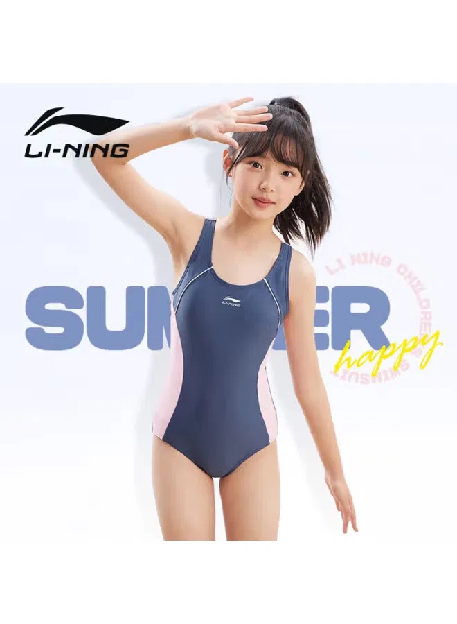 Купальник детский спортивный слитный с треугольным вырезом 7122 Li-Ning, розово-синий
