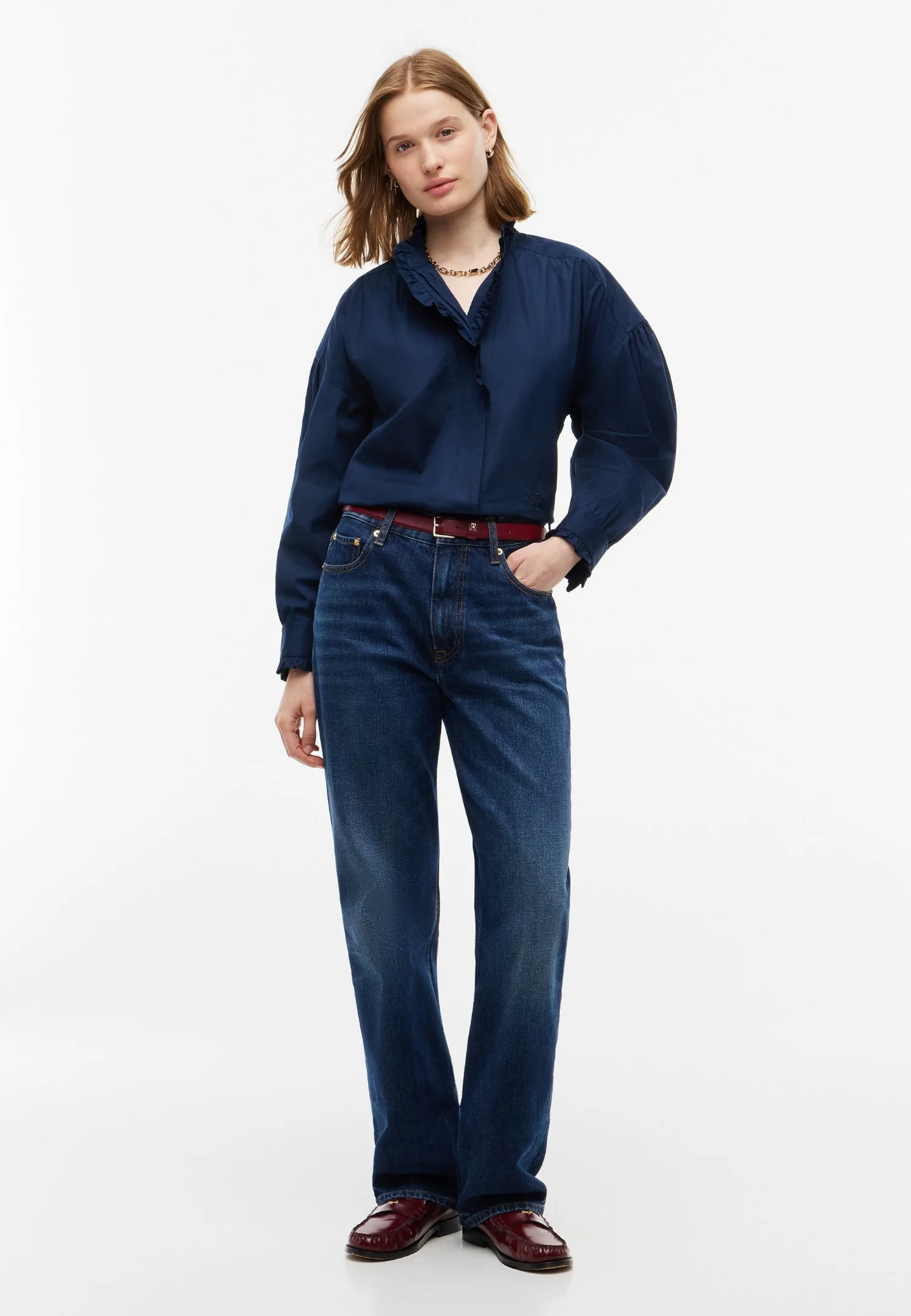 Женская блуза Tommy Hilfiger Oversized Fit Ruffle Collar Poplin, тёмно-синий — фото 4