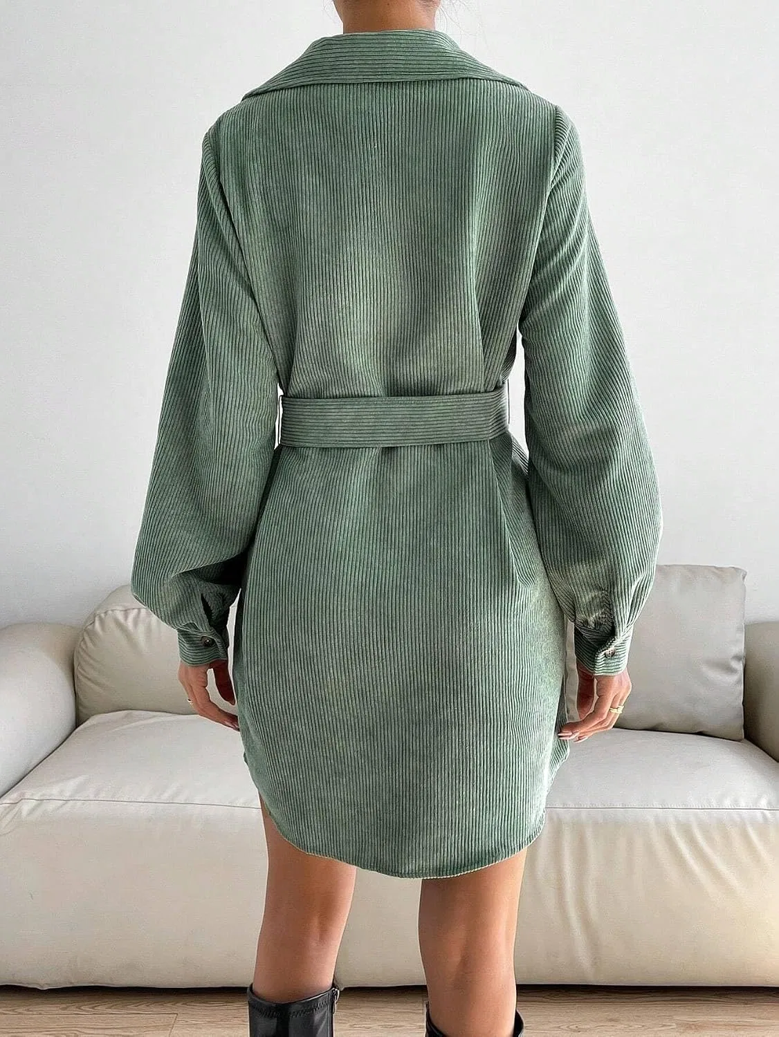 Женское короткое платье-рубашка из вельвета, Green — фото 2