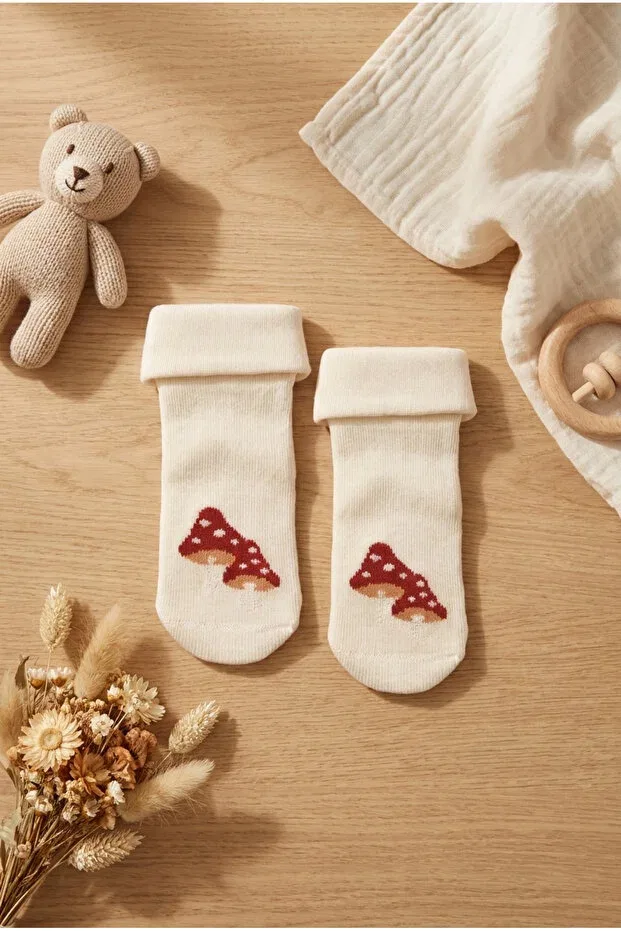 Детские носки для новорожденных с принтом Baby mushroom patterned towel sock Katia&Bony, Ecru — фото 3