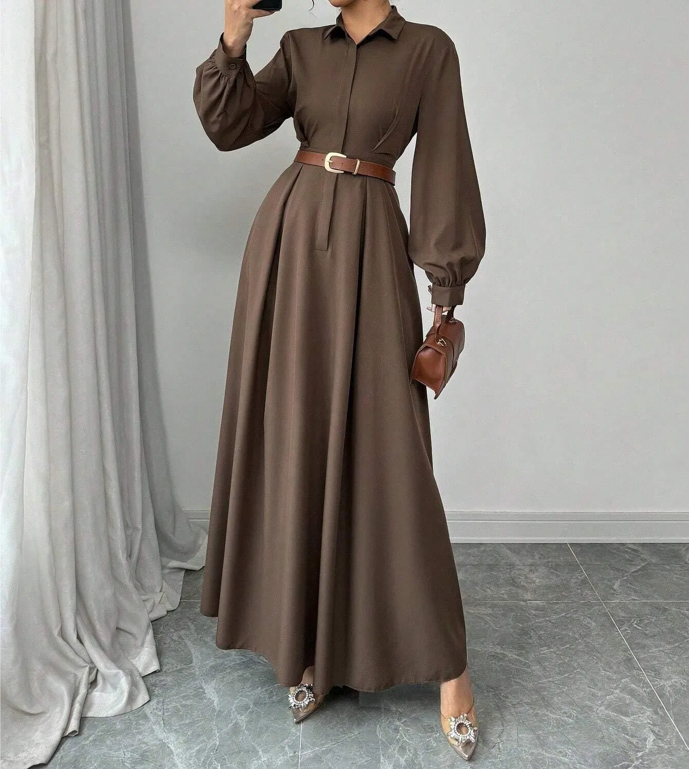 Женское платье-рубашка A-силуэта с воротником, Coffee Brown — фото 3