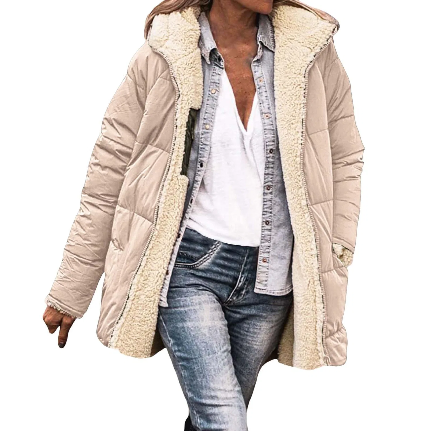 Женское зимнее пальто на флисе с капюшоном, Beige