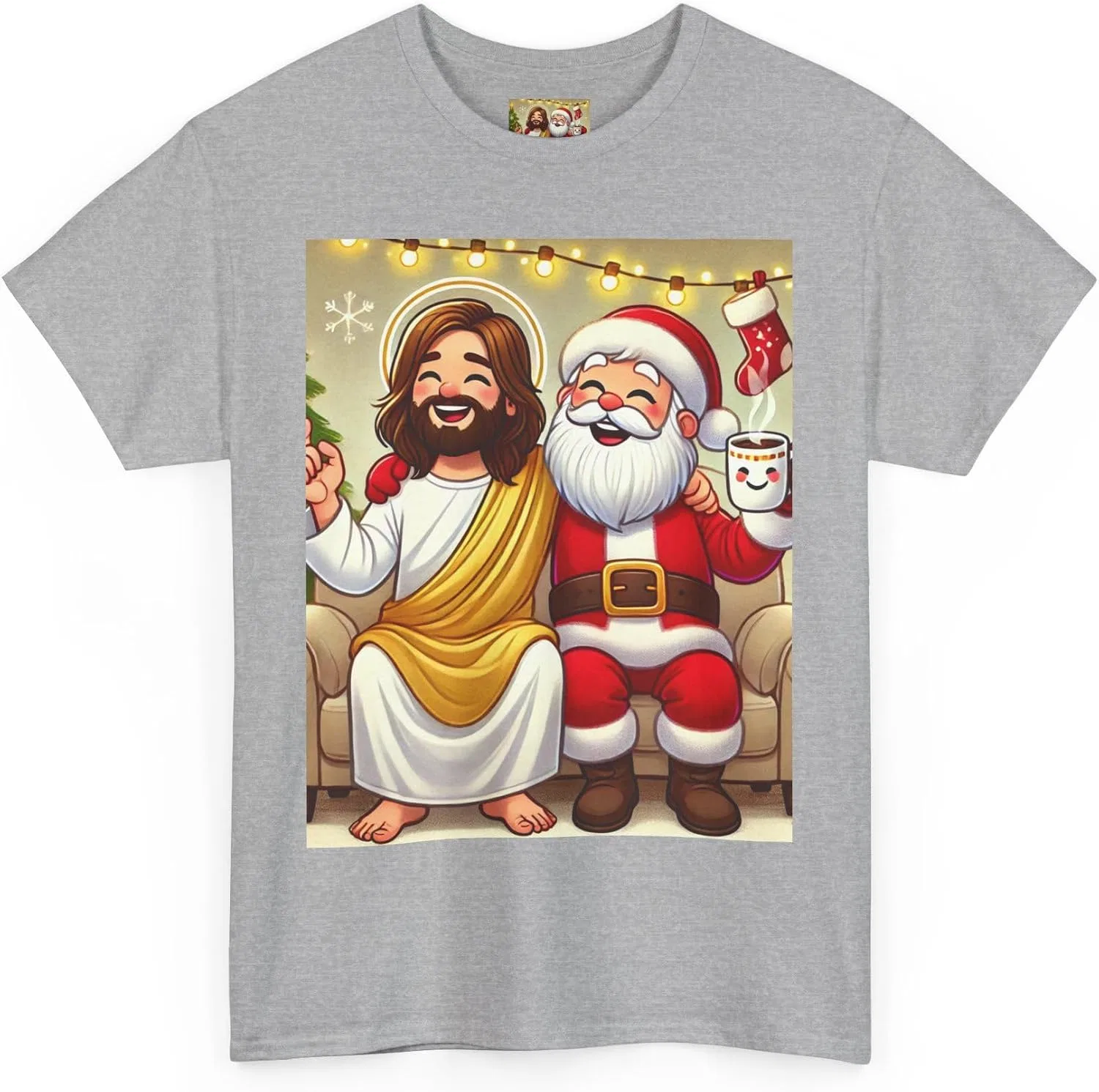 Женская футболка с принтом Funny Santa Jesus Hanging Out Cartoon Tee, серый меланж — фото 3