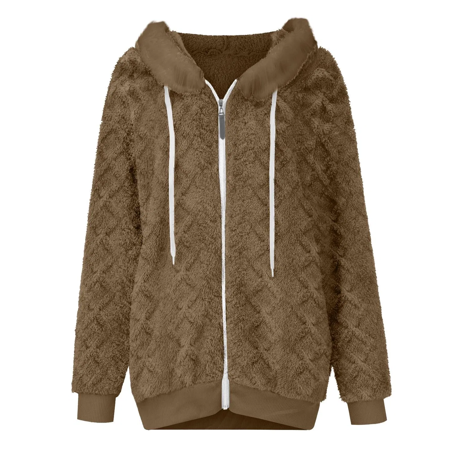 Женское худи с капюшоном на молнии, с начёсом, Teddy Plush Jacket, Brown — фото 4