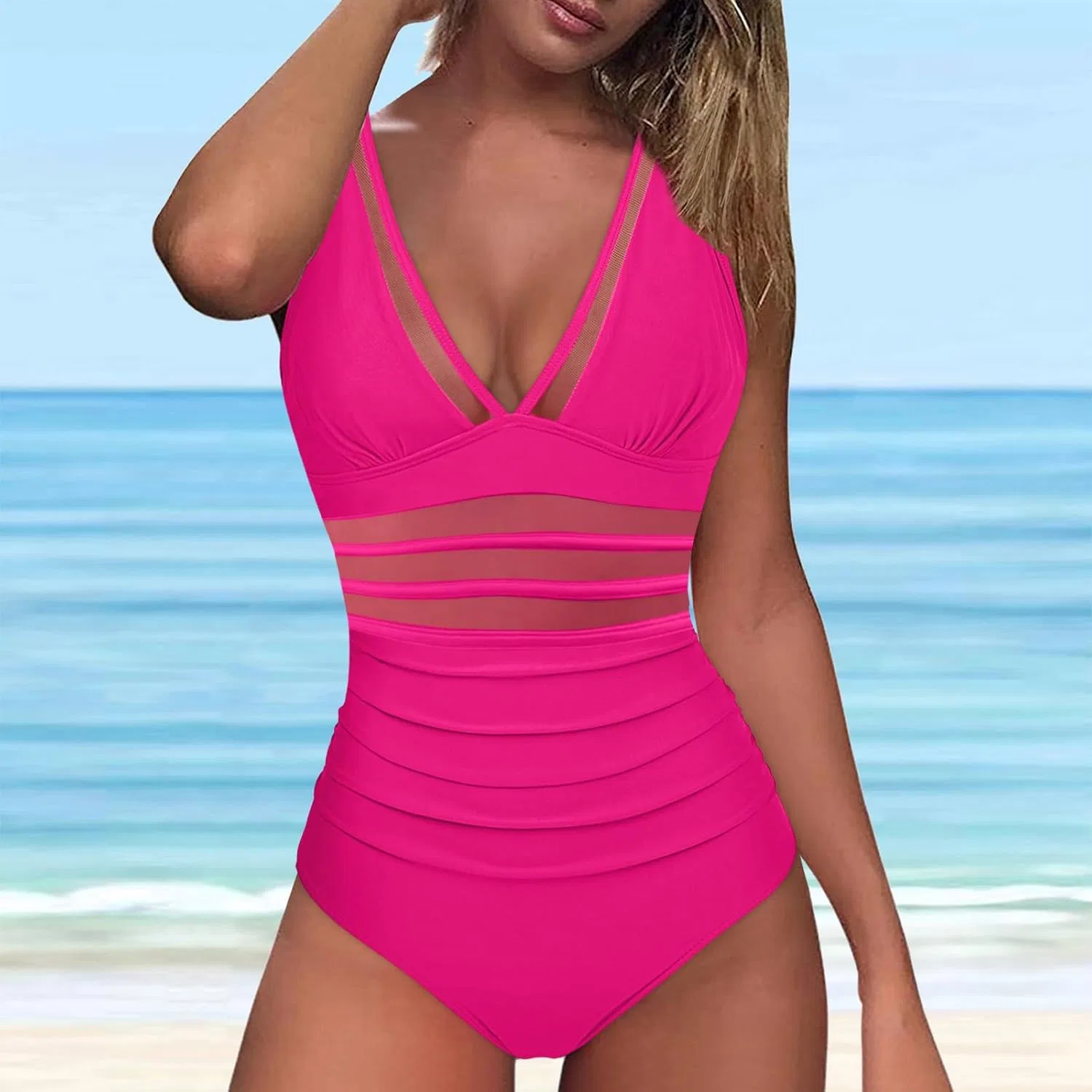 Женский цельнокроеный купальник с утягивающей панелью Generic, Hot Pink — фото 2
