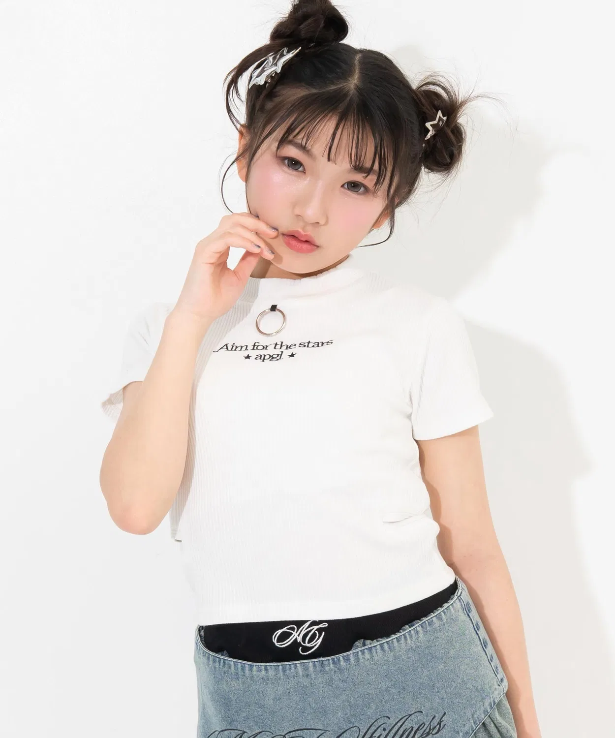 Детская футболка с принтом, короткий рукав, модель Side Aki Mini Neck Rib Ring ANAP GiRL, White — фото 2