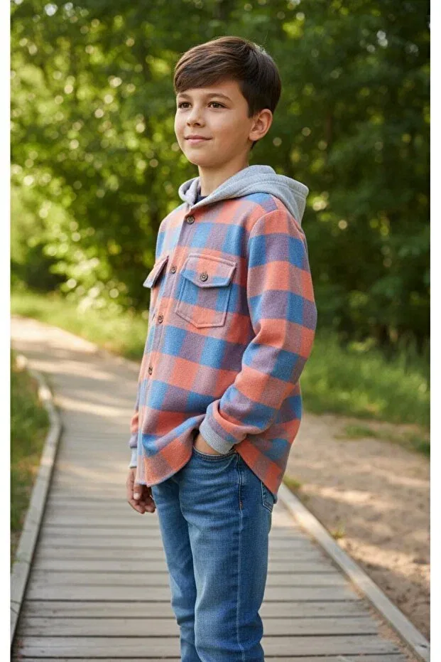 Детская рубашка с капюшоном в клетку Striped Hooded Unisex Children's Shirt Gala, Orange — фото 3