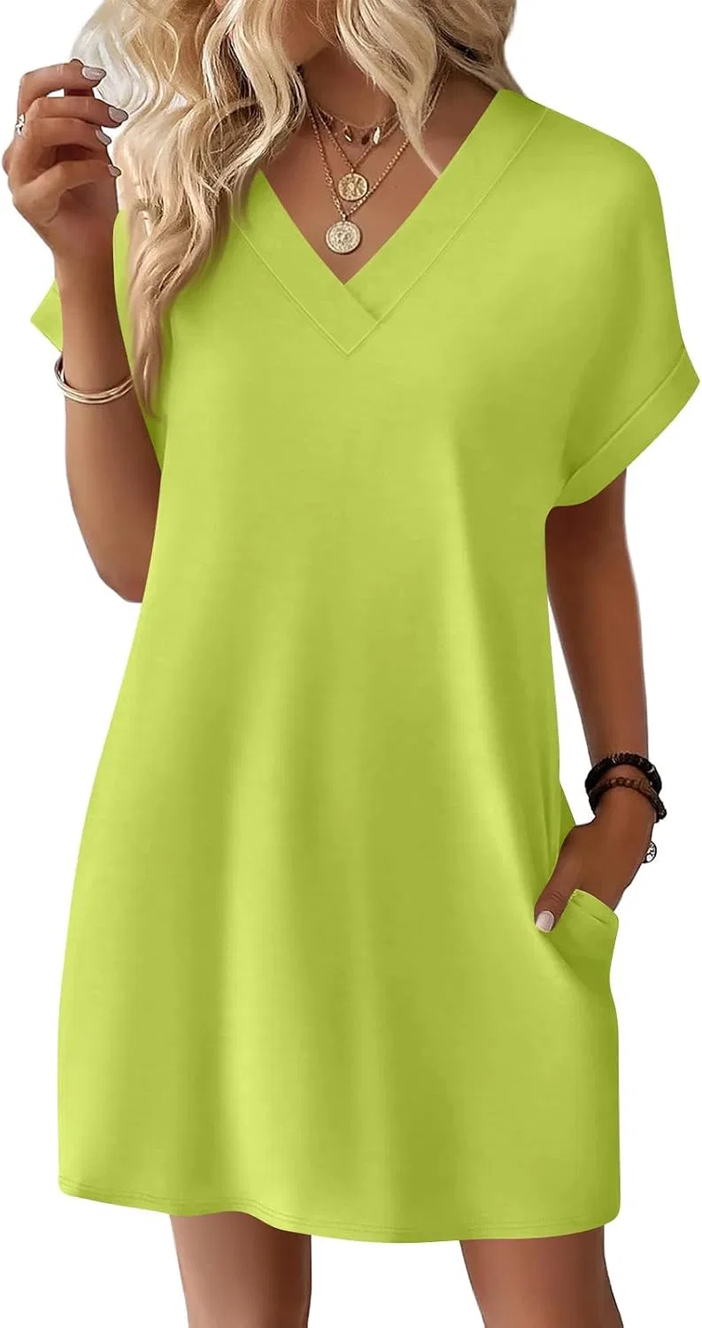 Женское летнее платье мини свободного кроя с V-образным вырезом, Fluorescent Green