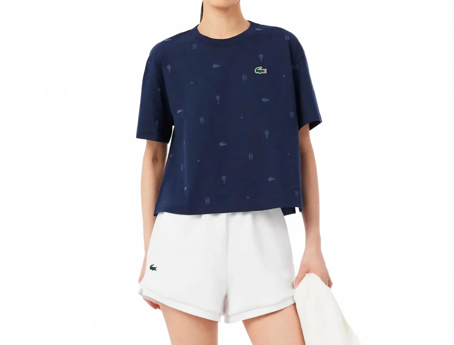Женская футболка укороченная с принтом Cropped Allover Print Tee Lacoste, темно-синий