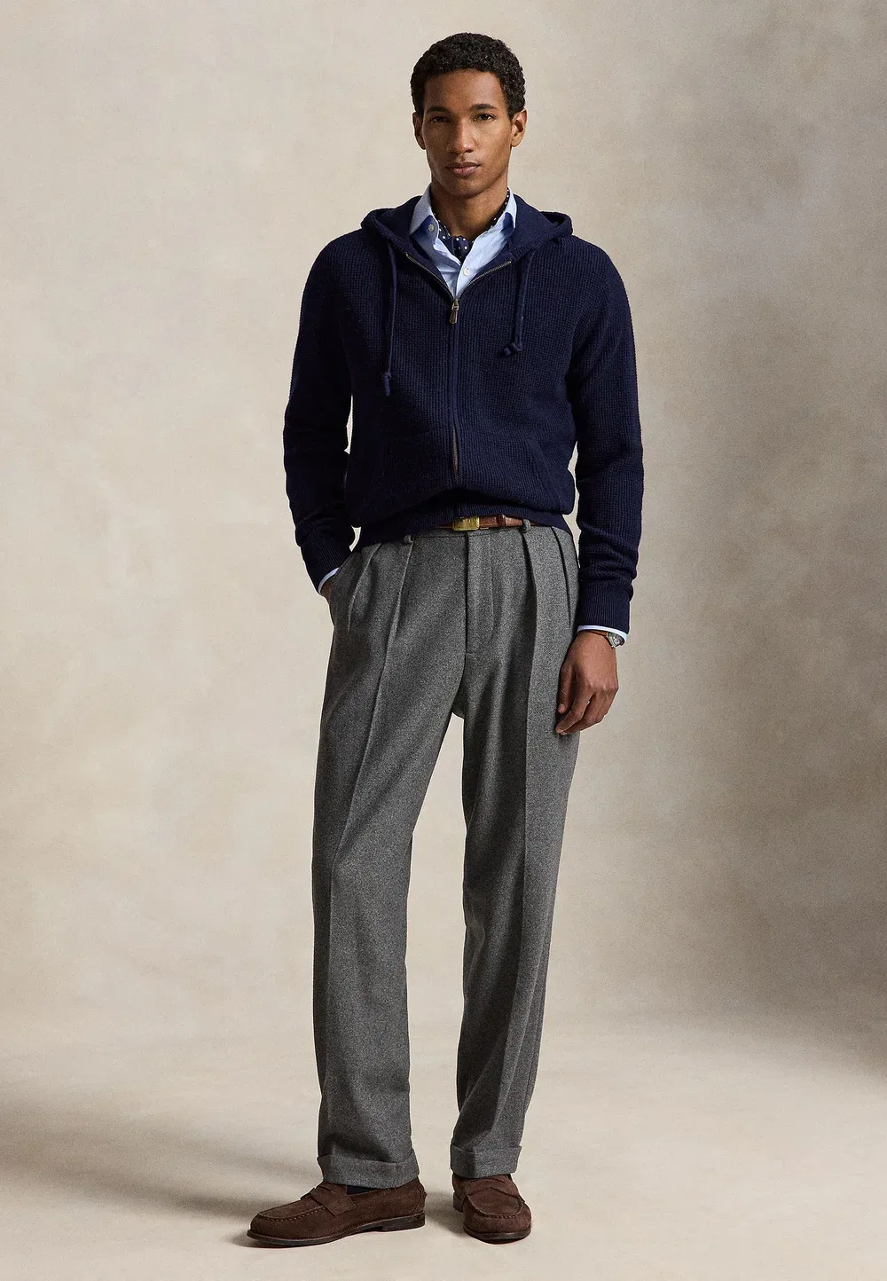Вафельный свитер с капюшоном из шерсти и хлопка - кардиган Polo Ralph Lauren, Hunter Navy — фото 2