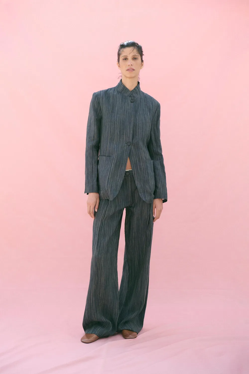 Блейзер из льна в полоску из коллекции ZW ZARA, Blue grey — фото 4