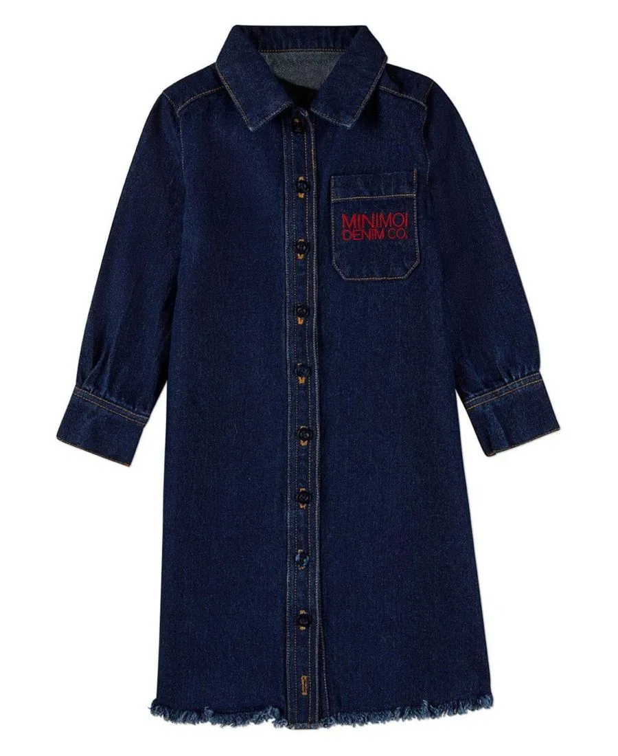 Платье из хлопкового денима с воротником-рубашкой и бахромой MeMoi, Dark Blue
